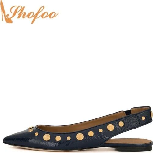 Navy Blue Slingback Flats Pointed Toe Woman Round Rivet Shoes Large Size 12 14 Ladies Fashion Office Footwear Casual Shofoo