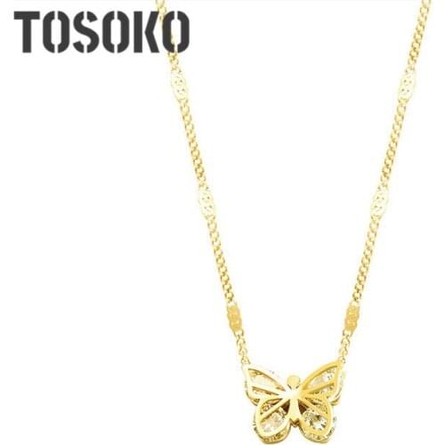 TOSOKO Stainless Steel Jewelry Flower Butterfly Double Clip Zircon Necklace Womens Fashion Hammer Shaped Clavicle Chain BSP609