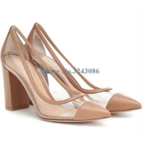 Apricot White Leather Transparent PVC Thick High Heel Pumps Concise Elegant Women Dress Shoes New Basic Office Career Shoes