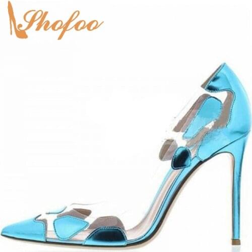 Blue Sky PVC Stilettos Basic Pumps Woman Pointed Toe Super High Thin Heels Slip On Large Size 11 33 Ladies Clear Shoes Fashion