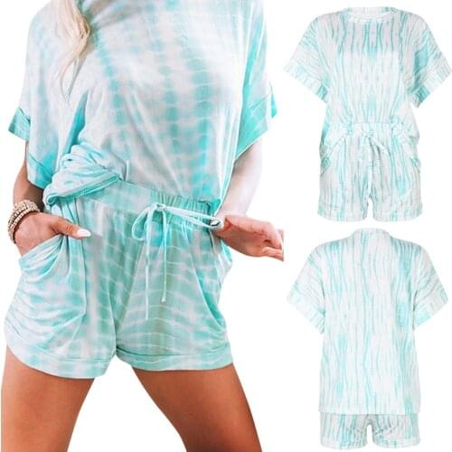 Womens Fashion Tie Dye Printed Short Sleeve Loose Casual Homewear Suit Blue