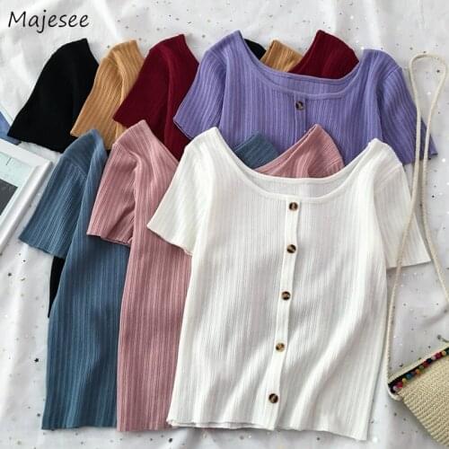 Women Short Sleeve T-shirts Knitted Button Slim Crop Tops Sexy Square Collar Summer Candy Colors Girls Chic All-match Ulzzang