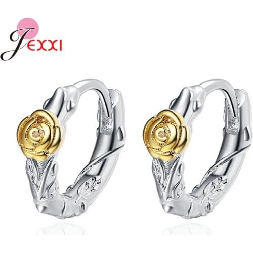 Elegant Real 925 Sterling Silver Rose Vine Hoop Earrings Gold Earrings For Women Fashion Wedding Engagement Jewelry