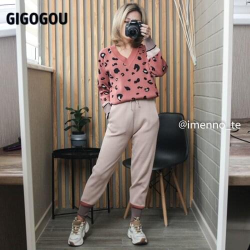 GIGOGOU Two Piece Womens Sets Autumn Spring Outfits V Neck Women Pullover Sweater Tracksuits Carrot Peg Fly Trouser Suits Cloth