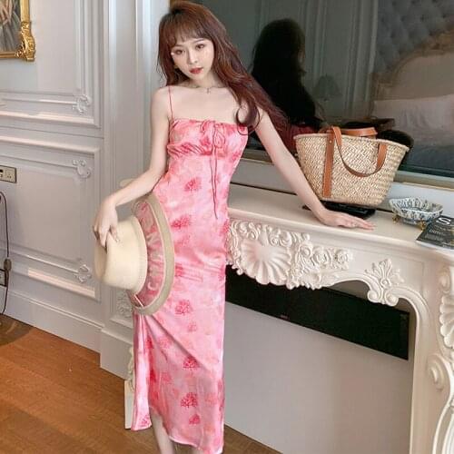 Fashion French Vintage Sexy Strap Sleeveless Maxi Party Dress Ladies Coffee Break Elegant Robe Backless Floral Satin Beach Dress