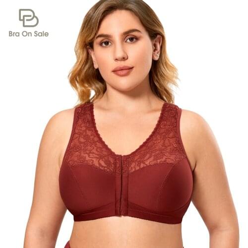 Womens Full Coverage Wirefree Sheer Lace Plus Size Front Closure Bra Racerback