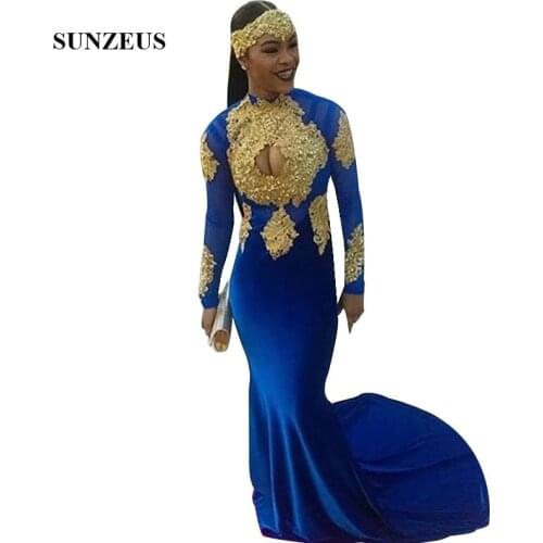 High Neck Long Sleeves Royal Blue Prom Dress With Gold Appliques Beads Long Mermaid Party Gowns Women vestidos de festa azul