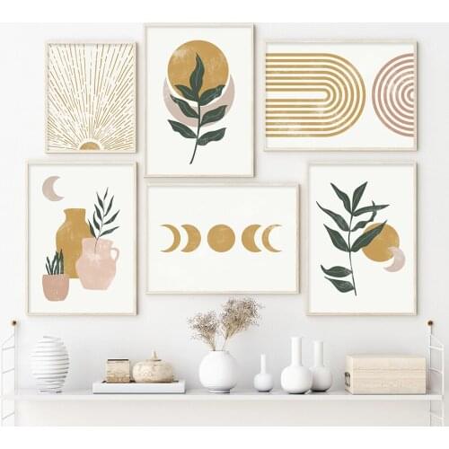 Canvas Painting Abstract Posters And Print Picture Nordic Orange Moon Phase Sun Leaves Wall Art Vintage For Living Room Decor