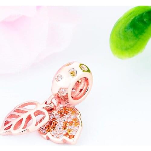 Authentic 925 Silver Openwork Rose Gold Leaf Yellow Zirconia Beads Fit Original Pan Charm Bracelet Making Berloque 2020 NEW