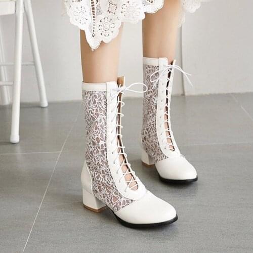 Size 34-43 New Fashion Women Mid-Calf Boots Square Heel Sexy Sequins Lace Mesh Boots Summer Cool Boots Breathable Womens Shoes