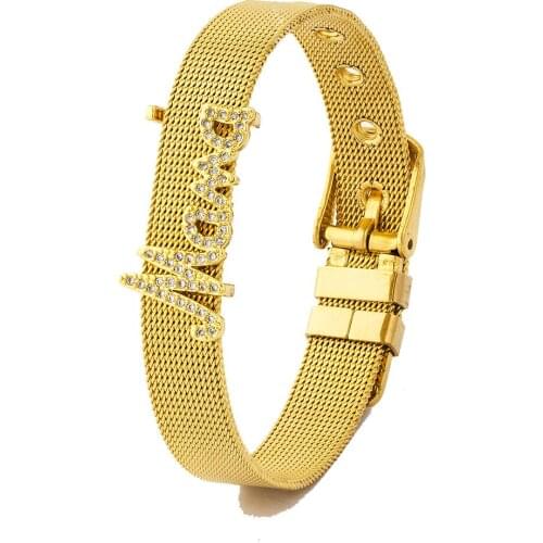 Fashion Novel Design Letter Mama Stainless Steel Bracelet Micro Pave Cubic Zircon Rhinestone Watch Belt Jewelry Gifts For Mother