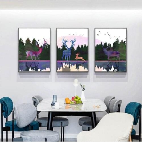 Lake Green Forest Watercolor Artwork Sika Deer Reindeer Poster Prints on Canvas Paintings Wall Art Stretched Gallery Home Décor