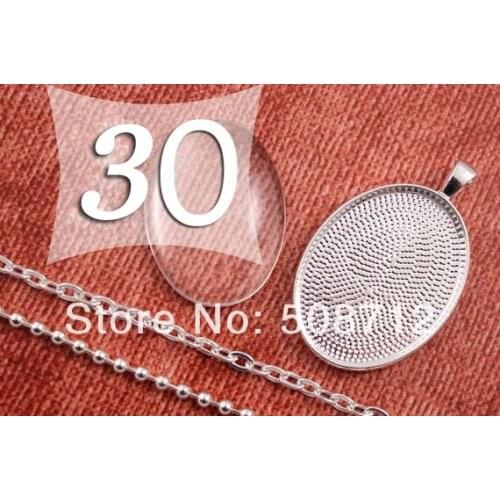 30sets DIY 22x30 mm Pendant Kits Silver Plated Oval Pendant Tray with matching Chain and Glass
