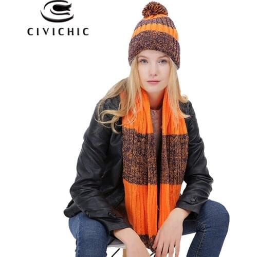 CIVICHIC Woman Knit Hat Scarf Warm Set Autumn Winter Crochet Headwear Pompon Beanies Thick Shawl Fleece Cap 2 PCS Knitwear SH144