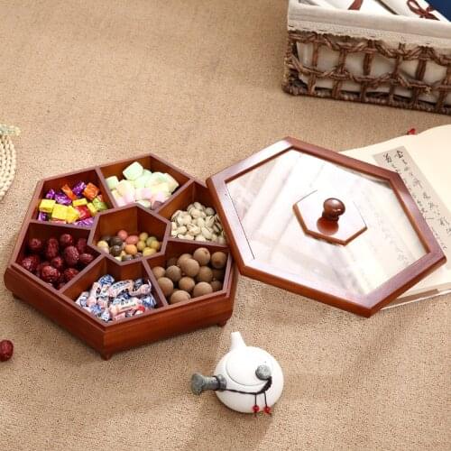 Creative Wooden Square Snack Platter with Lid Multi-purpose Storage Box Divided Grid Fruit Candy Storage Tray Living Room Decor