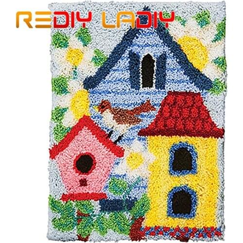 Latch Hook Rug Kit Crocheting Carpet Rug Color Birdhouse Acrylic Yarn Pre-Printed Canvas Cushion Mat DIY Crochet Tapestry Crafts