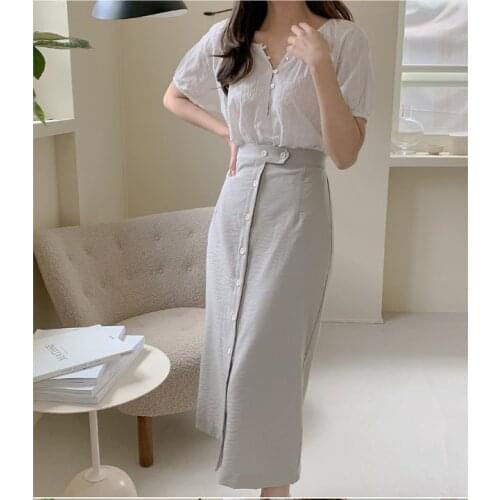 New Girls Summer blouse women suit white shirt short sleeves Tops high waist long A Line skirts two piece suits Sell separately