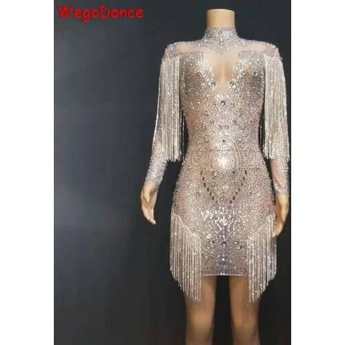 New Sparkly Glass Crystals Mesh Perspective Dress Evening Party Dresses Birthday Singer Performance Costume Transparent