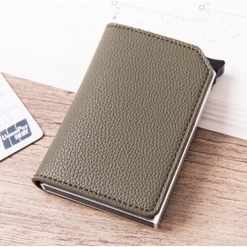 RFID Pop-Up Card Holder Aluminum Box Litchi Soft Leather Card Case Information Protector Security Clutch Casual Wallet