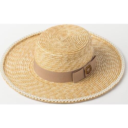 New Pearl Decoration Handmade Straw Sun Hat For Women Fashion Vacation Beach UV Hats Wide Brim Panama Hats Outdoor Wholesale