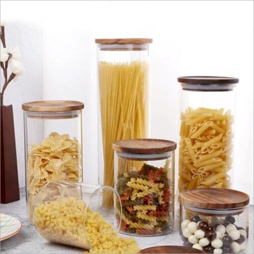 Six Sizes Glass Storage Tank With Wood Cover Spices Sugar Jar Container Kitchen Food Bottle Coffee Beans Tea Caddy 1pc