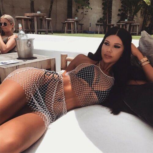 Women‘s Crystal Cover-Ups Swimwear Shiny Sleeveless Cover Up High Waist Mesh Rhinestone Black Hollow Out Sexy Fish Net Crop Tops