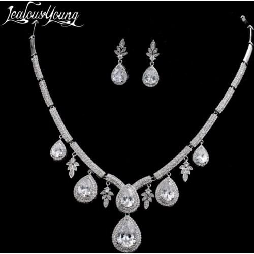 Luxury Water Drop Cubic Zirconia Bridal Jewelry Sets For Women Elegant Flower Earing Necklace Wedding Jewelry Set For Bride