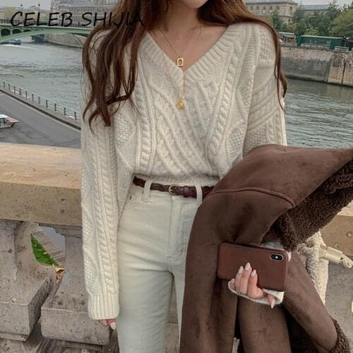 Autumn V-neck Cropped Sweater Woman Winter 2021 Khaki Chic Long Sleeve Knitted Jumper Cross Elegant Korean Sweater Clothing