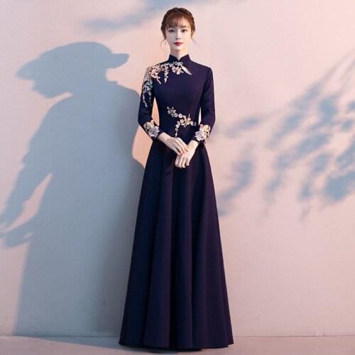 Bridesmaids Dress Vintage High Full A-Line Jersey Embroidery Floor-Length Luxury Navy Blue Elegant Women Wedding Party Gown E772