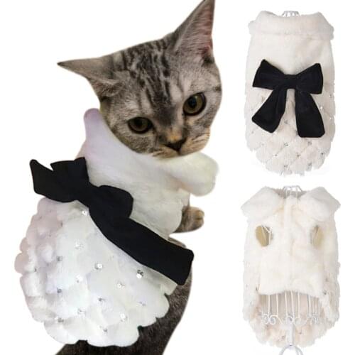 Winter Pet Cat Clothes Elegant White Kitten Kitty Coat Jacket Costumes With Bow Knot Luxury Sequin Clothing For Cats Dogs Sphynx