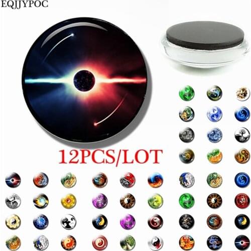 12pcs Fridge Magnet Yin Yang 25MM Glass Note Holder Chinese Yin and Yang Tai Chi Refrigerator Magnetic Sticker Home Decor