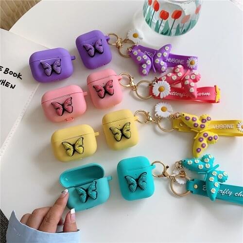 3D butterfly keyring Bluetooth Earphone air pods 1 2 Case Protective for Airpods pro 3 three Cases Charging Box with Hooks Strap