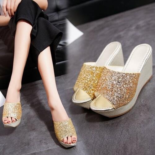 Bling Sequine Platform Slippers Women Wedge Slides Women Slippers Summer Casual Thick Sole Silver Shoes Mules High Heels Sandals