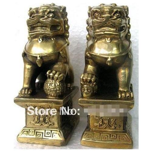 YM Chinese Foo Dog Lion Fu Bronze Statue Pair Figurines Feng Shui Items Oriental sz:11x6x8.3cm