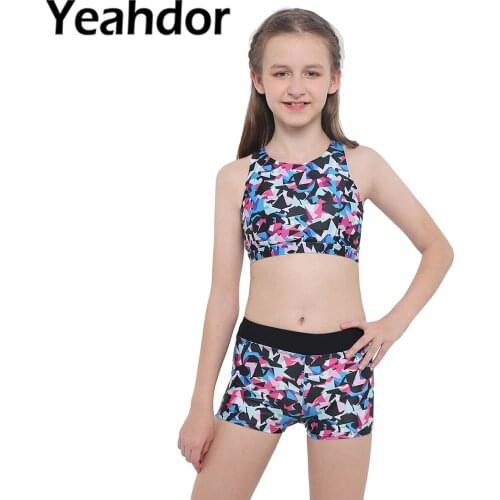 Kids Girls Sportsuit Dance Set Swimwear Swimsuit Sleeveless Crisscross Back Printed Top with Boyshorts Bottoms Swimming Suit