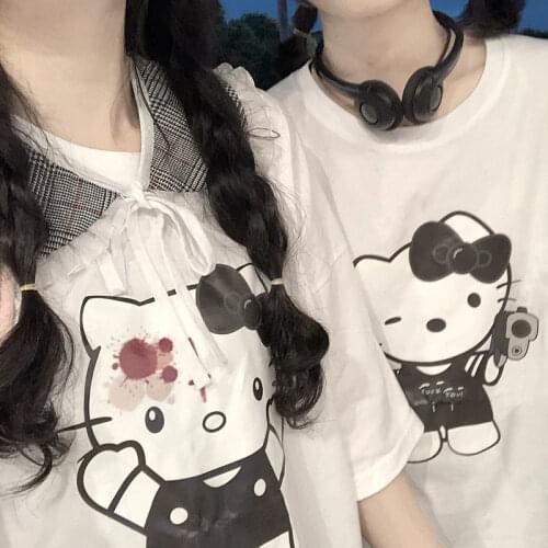 2021 Summer Harajuku Dark Style White Loose Large Size Kitty Couple T-shirt Oversized Streetwear Women Men Clothes Y2k