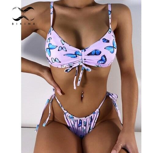 Bandeau push up swimsuit 2021 Butterfly print bikini set Sexy string low waist swimwear women Brazilian bathing suit Beach wear