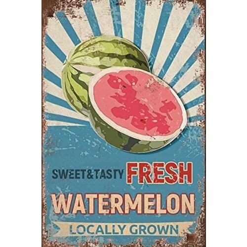 Metal Wall Sign Sweet and Tasty Fresh Watermelon Locally Grown Fruit Shop Orchard Outdoor Wall Decoration Pastoral Metal Plate