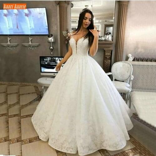 Fashion Arabic Lace Wedding Dress O Neck White Appliqued Ball Gown Bridal Dresses Long Custom Made African Ivory Wedding Gowns