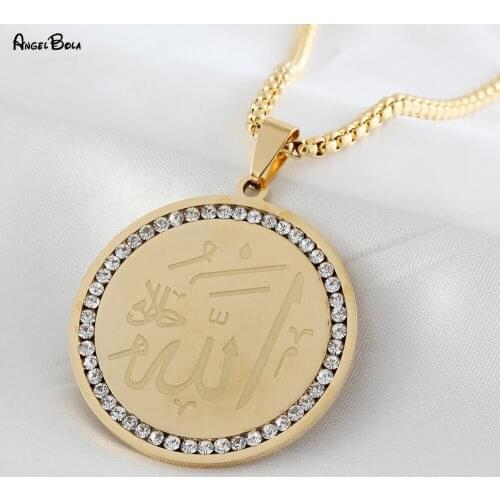 Muslim Islamic Crystal Stainless Steel Necklace Simple Square Box Chain Coin Pendant Necklace Jewelry for Women Gift Wholesale