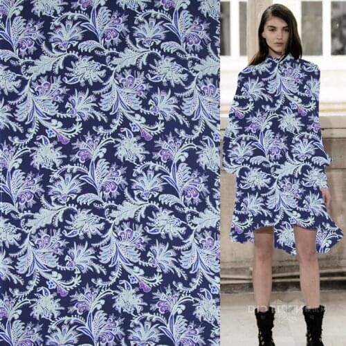 Western style paisley print on navy blue background stretch silk georgette gauze fabric floral design print,SCG559