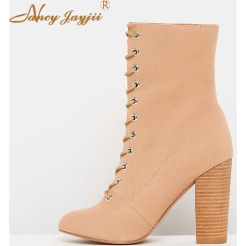 Women Shoes Adult Ladies Boots Black Solid Ankle Lace-Up Cross-tied Super High Square heel Round Toe Sexy Fashion Mature 2019