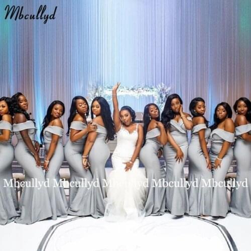 Latest Grey Long Bridesmaid Dresses Mermaid 2021 Off the Shoulder Plus Size African Women Wedding Party Dress Vestidos