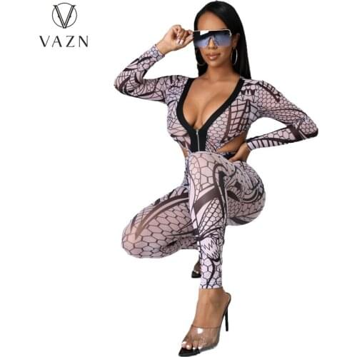VAZN 2021 New Serpentine Jumpsuits Striped Deep V-Neck Full Sleeve Sexy Young Hollow out Women Skinny Pencil Jumpsuits