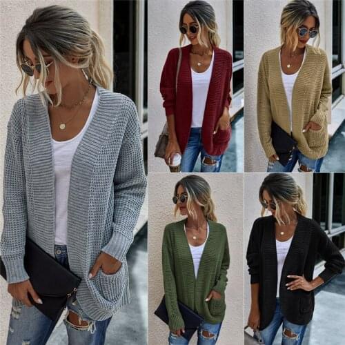 Solid Womens Knitted Cardigan Long Sleeve Pockets Tops Ladies Casual Sweater Autumn Winter Mid Length Coat Loose Jacket Female