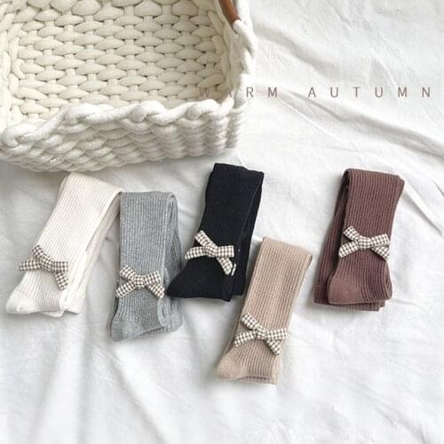 2021 Autumn Winter Childrens Pantyhose Girls Tights Cute Solid Color Soft Princess Baby Leggings Baby Bowknot Pantyhose Cotton