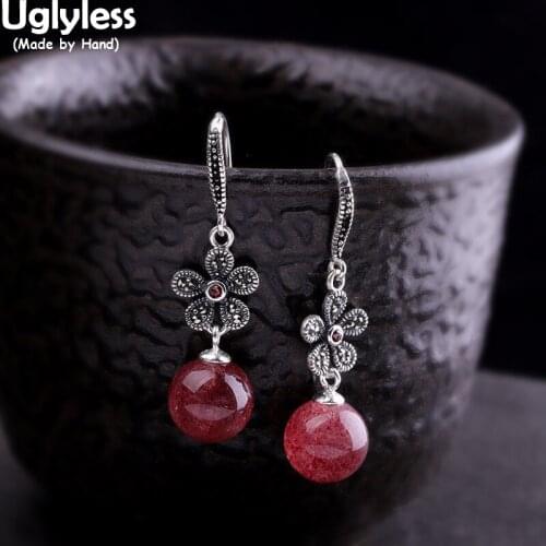 Uglyless Natural Strawberry Quartz Earrings for Women Marcasite Flowers Retro Brincos 925 Silver Floral Jewelry Garnet Moonstone