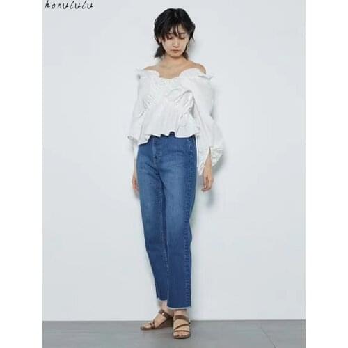 Spring new womens frayed slit casual jeans loose and thin jeans
