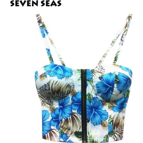 4 Color Vintage Floral Print Crop Tops Cropped Short Bustier Camisole Femme Night Club Strappy Bralette top (with pad)
