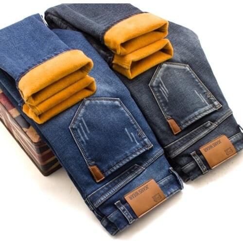 High Quality Winter Warm Fleece Mens Jeans Thick Stretch Denim Jeans Straight Business Casual Pants Trousers Mens Large Size
